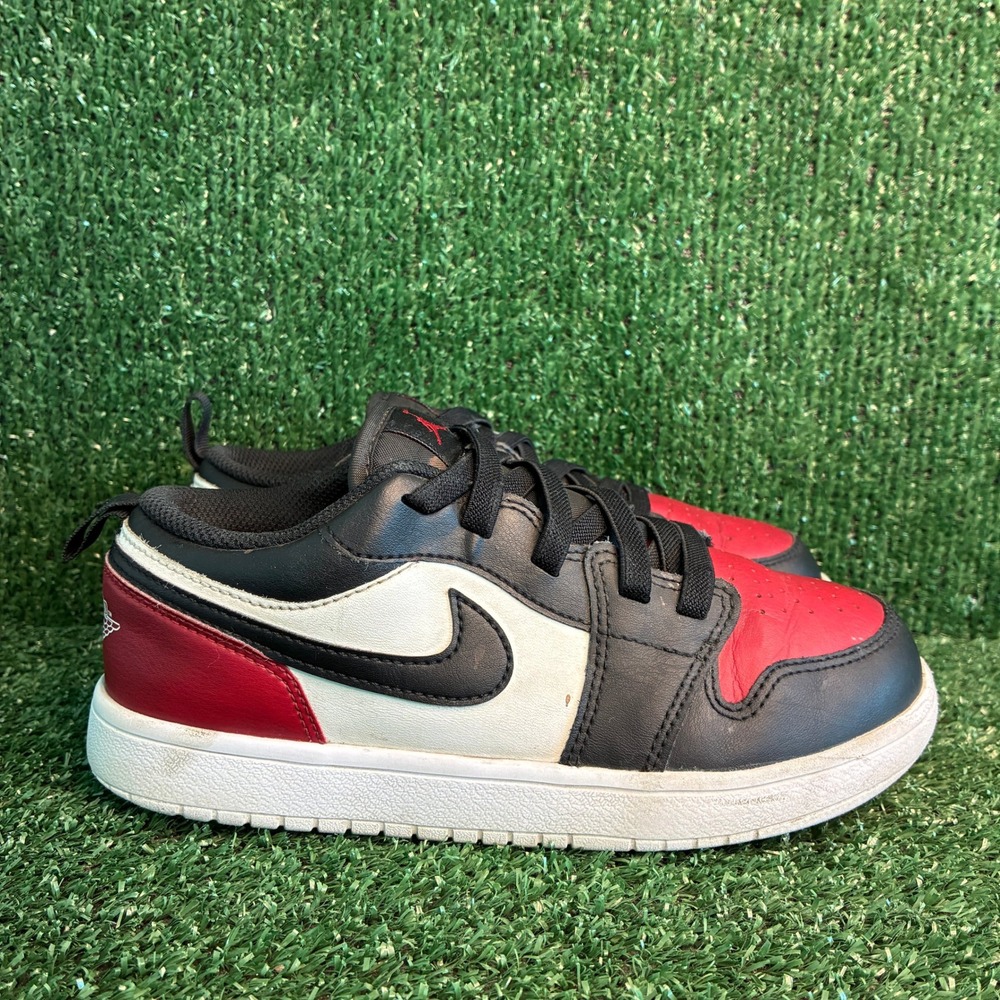 Jordan 1 Low Bred Toe Leather Athletic Basketball Sneaker Black Red Kids Size 3Y